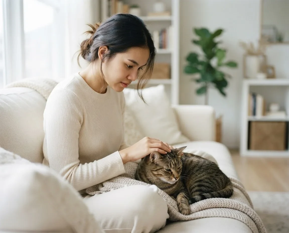 Woman sitting beside an unwell cat