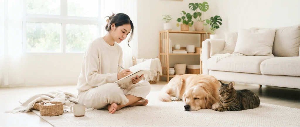 Woman recording health information beside a dog and cat