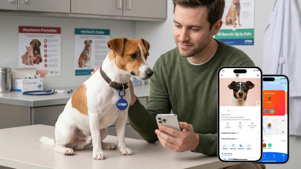 Pet owner at vet clinic checking Jack Russell Terrier health records on Pettagu app with NFC tag