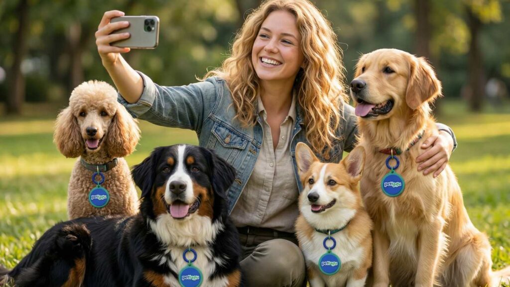 Dog owner taking selfie with Poodle, Bernese Mountain Dog, Corgi and Golden Retriever all wearing Pettagu NFC tags in park