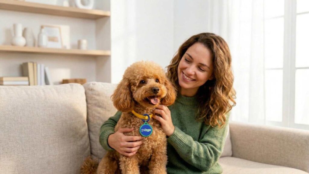 Happy pet owner holding Toy Poodle wearing Pettagu NFC tag on yellow collar at home